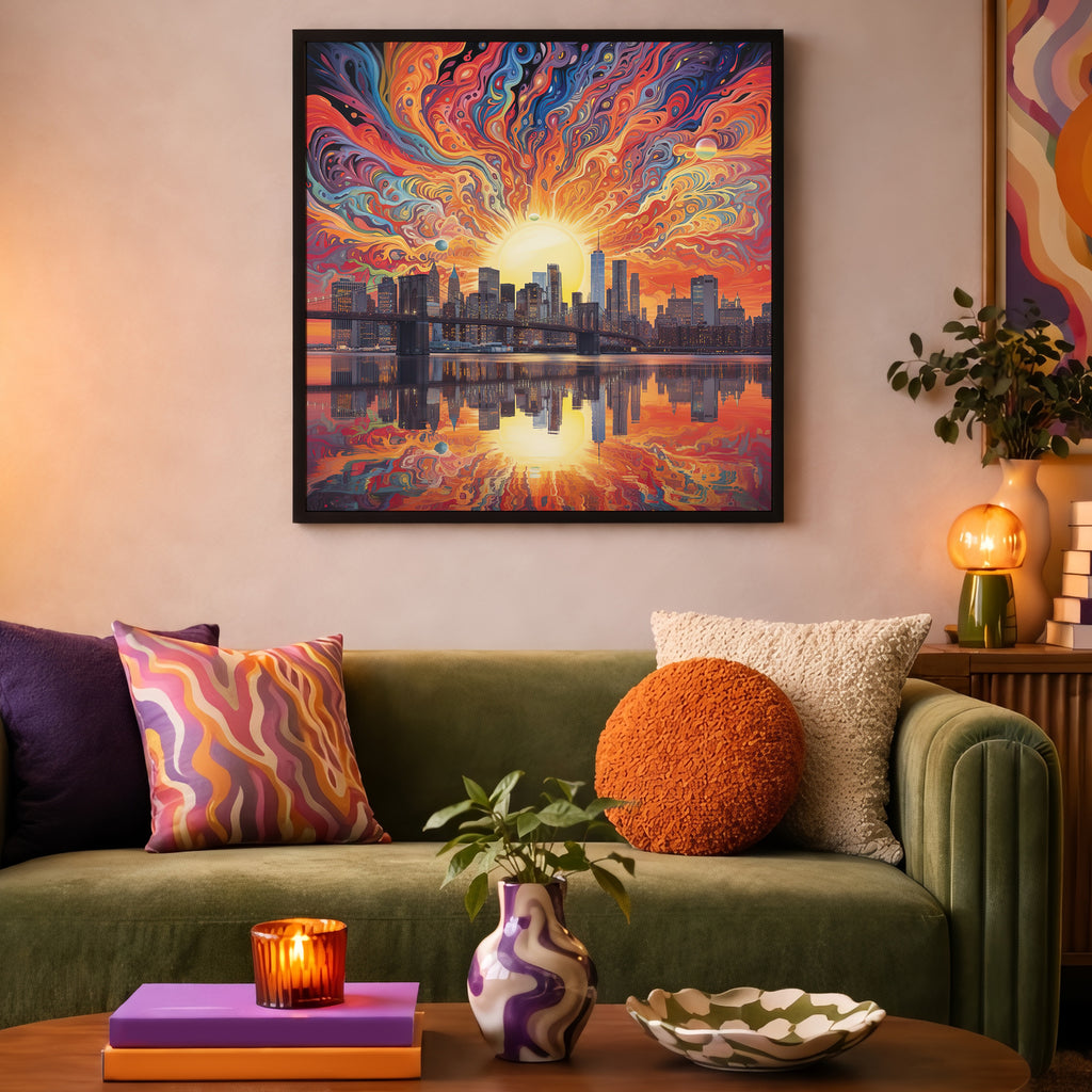 Psychedelic City Sunset Framed Wall Art
