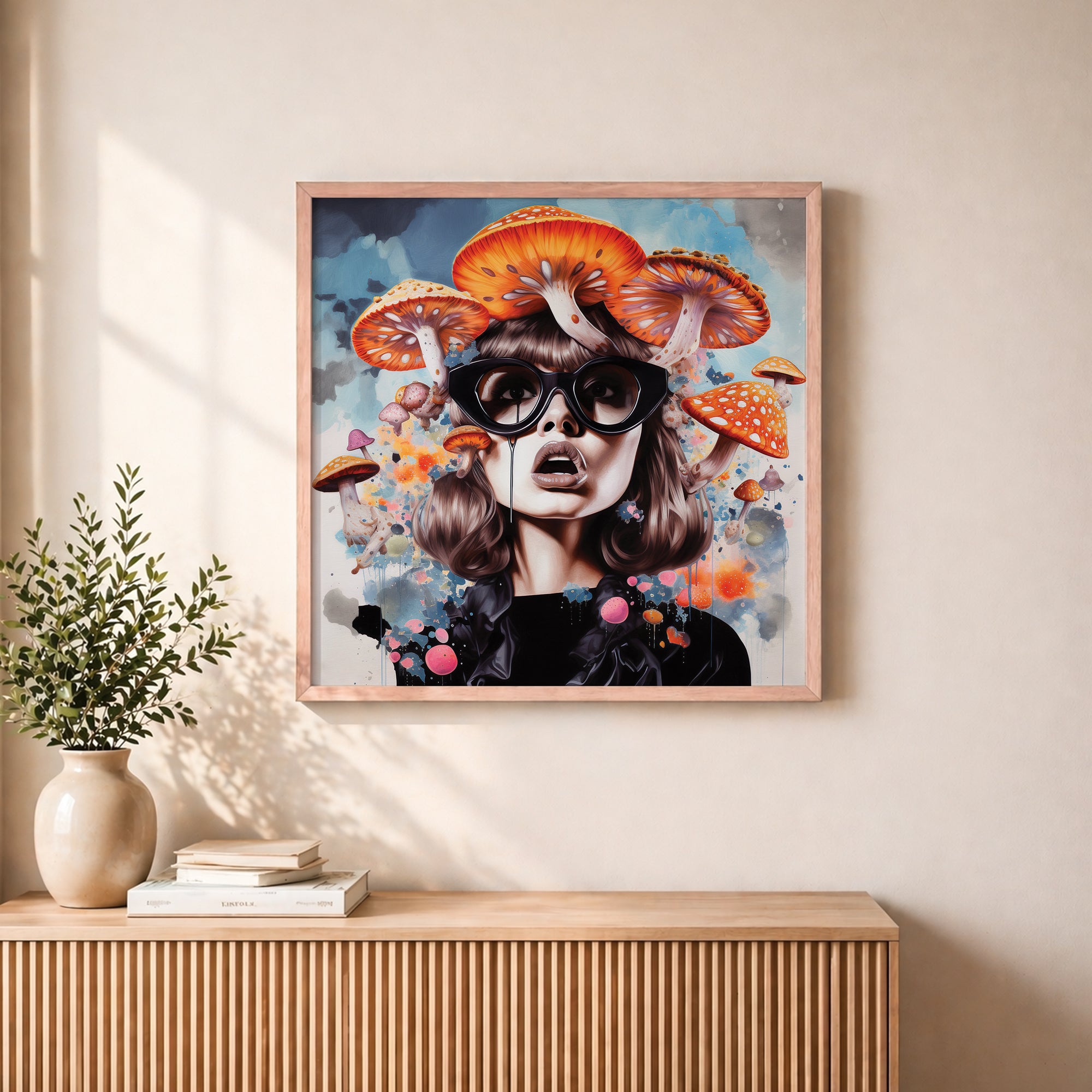Framed artwork of a person with mushrooms on their head in a modern interior setting.

