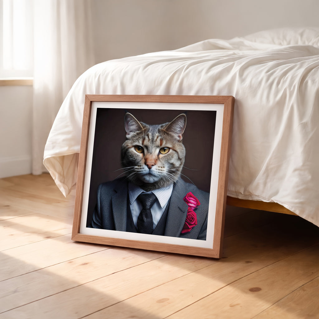 Framed picture of a cat in a suit on a wooden floor with a bed in the background