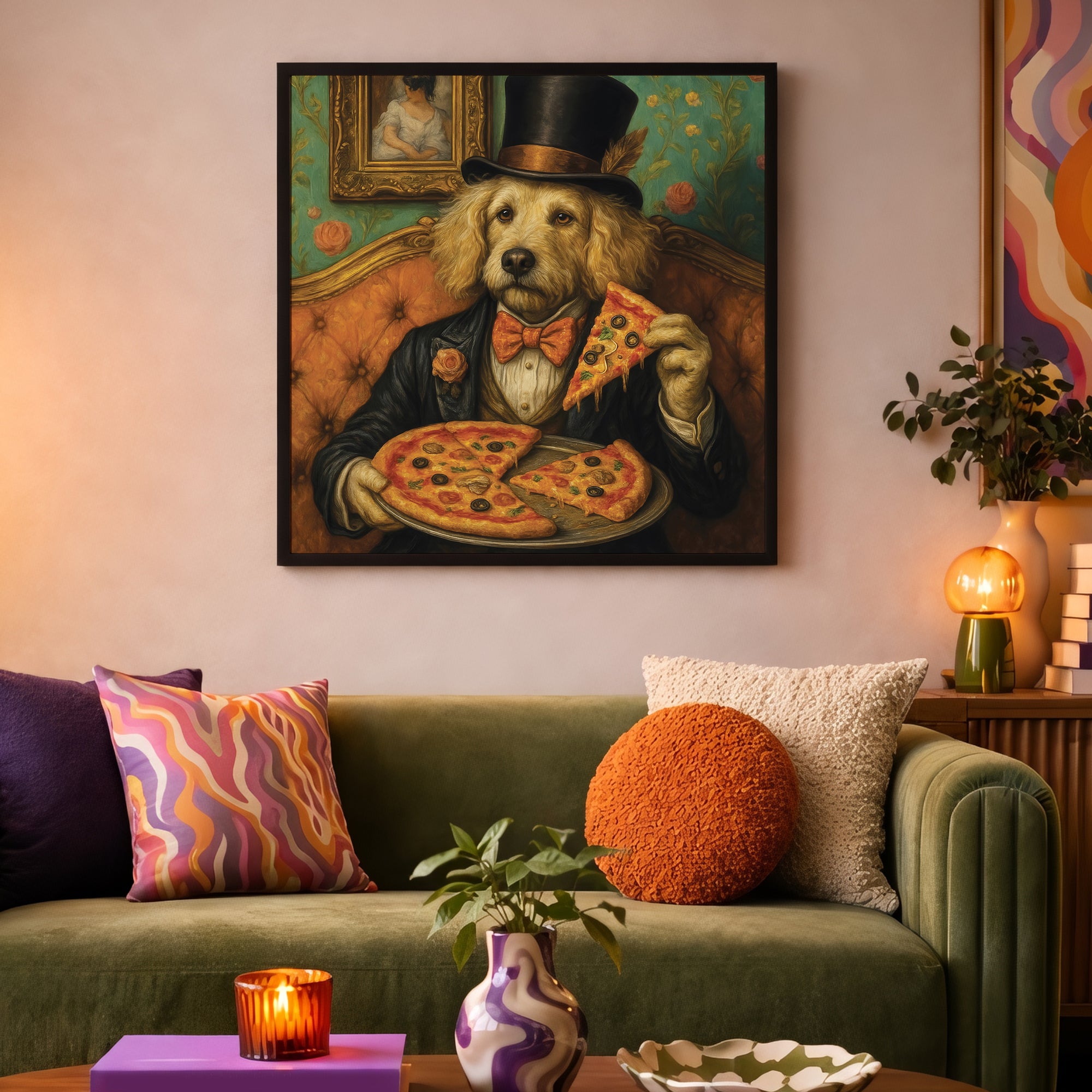 Funny Vintage Dog Eating Pizza Framed Wall Art