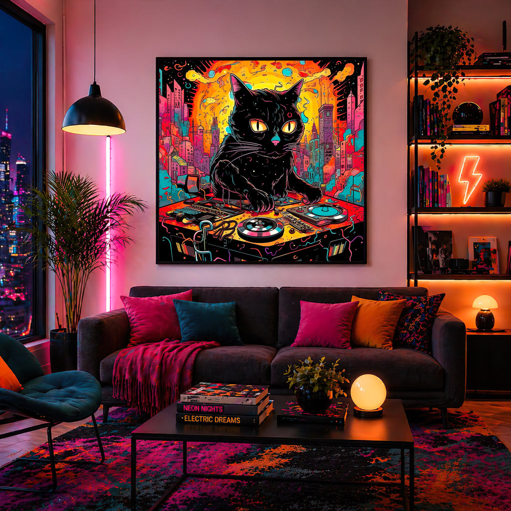 Psychedelic DJ Cat Framed Wall Art