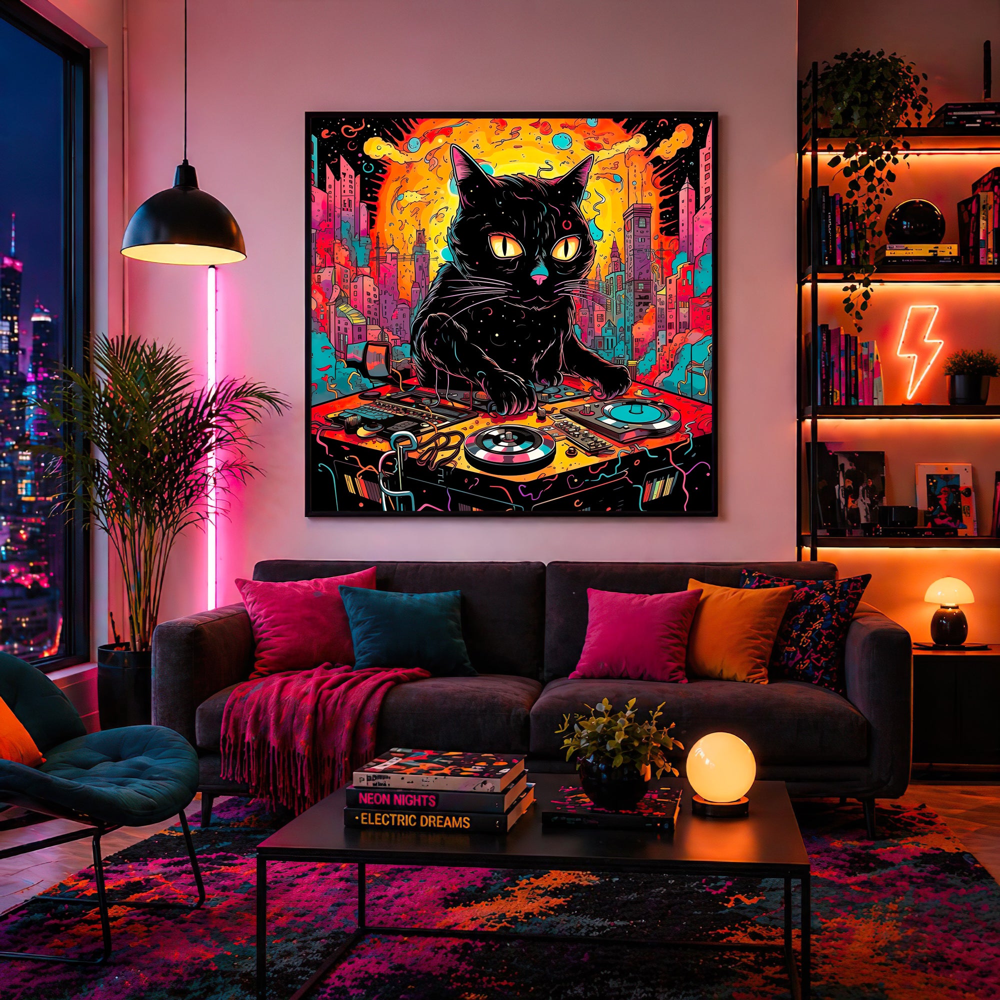 Psychedelic DJ Cat Framed Wall Art
