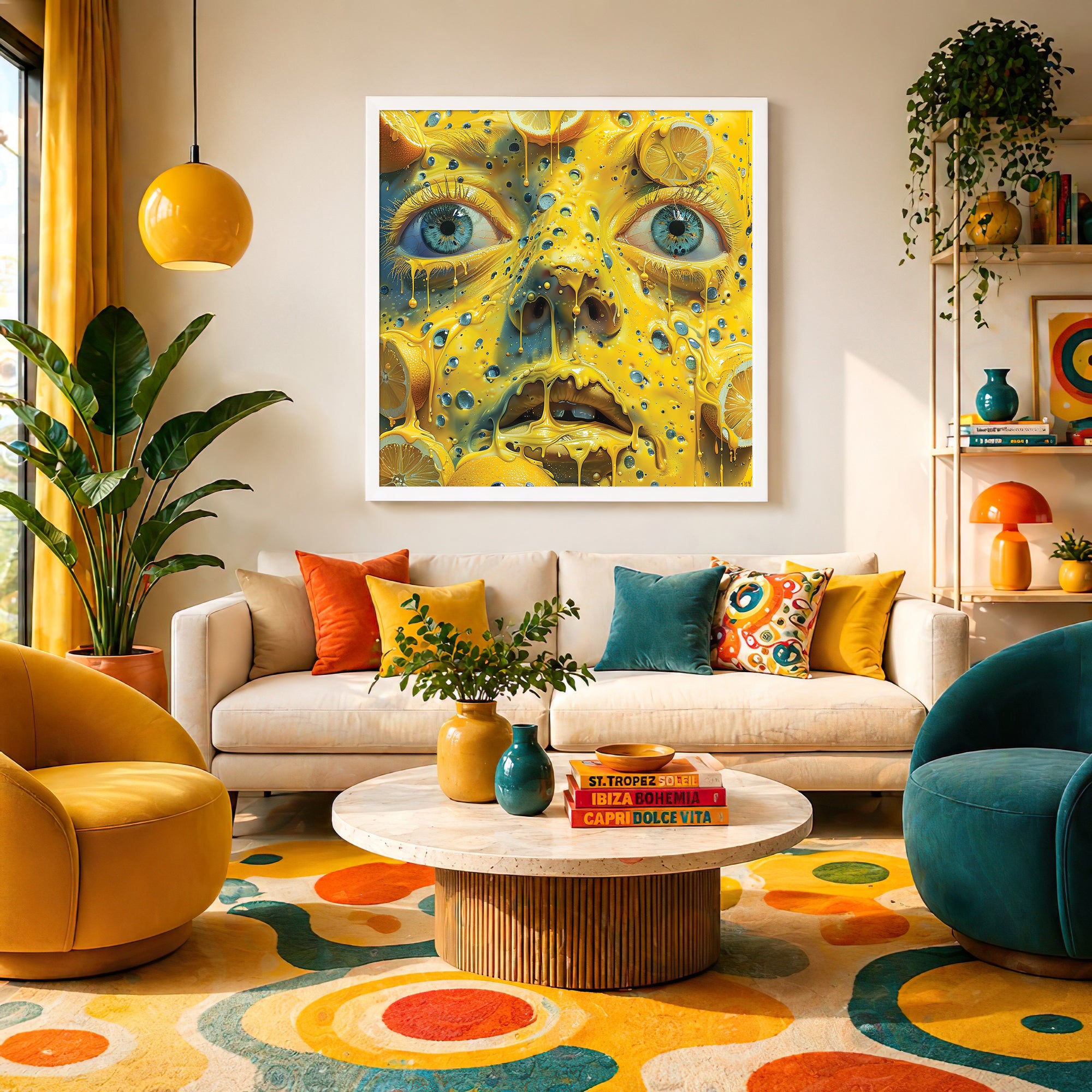 Trippy Melting Lemon Face Framed Wall Art