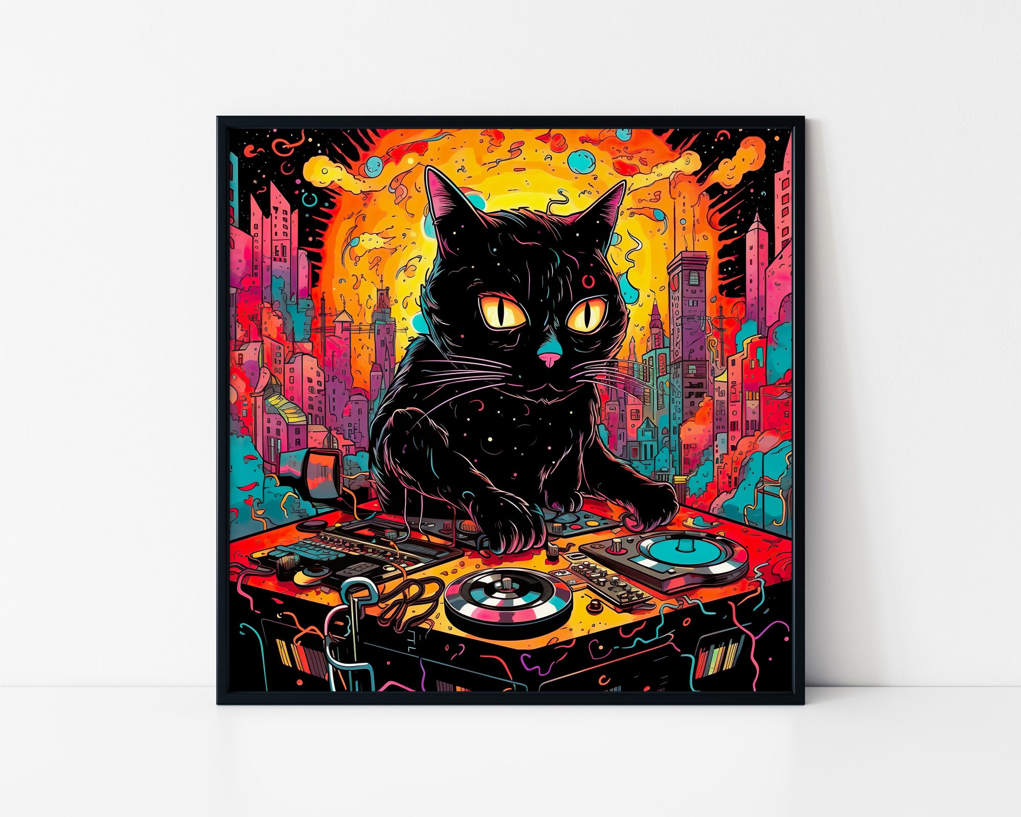 Psychedelic DJ Cat Framed Wall Art