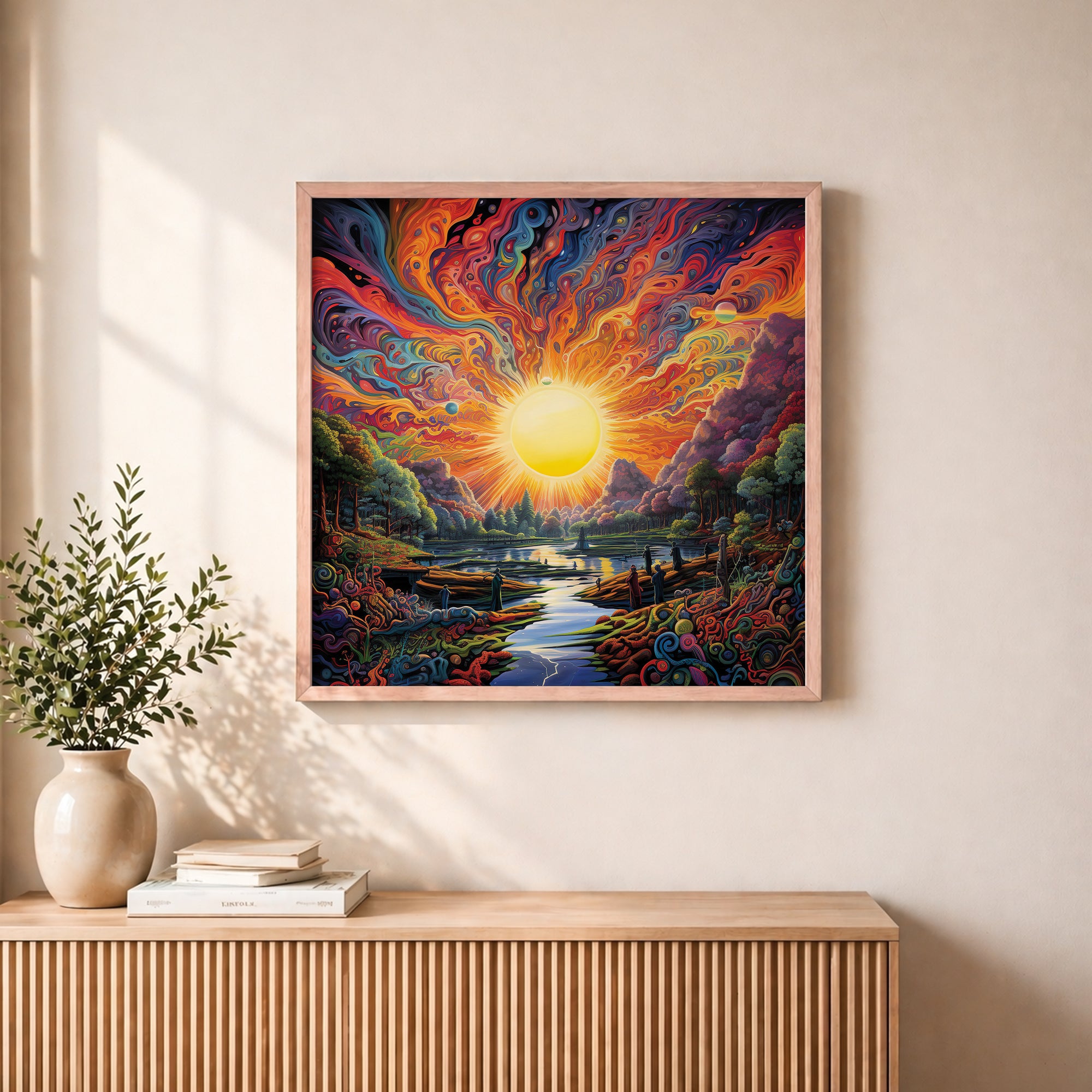 Psychedelic Sunset Landscape Framed Wall Art in a modern room