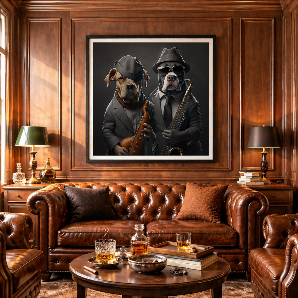 Framed artwork of two dogs in suits with a saxophone and guitar on a wooden wall above a brown leather sofa.

