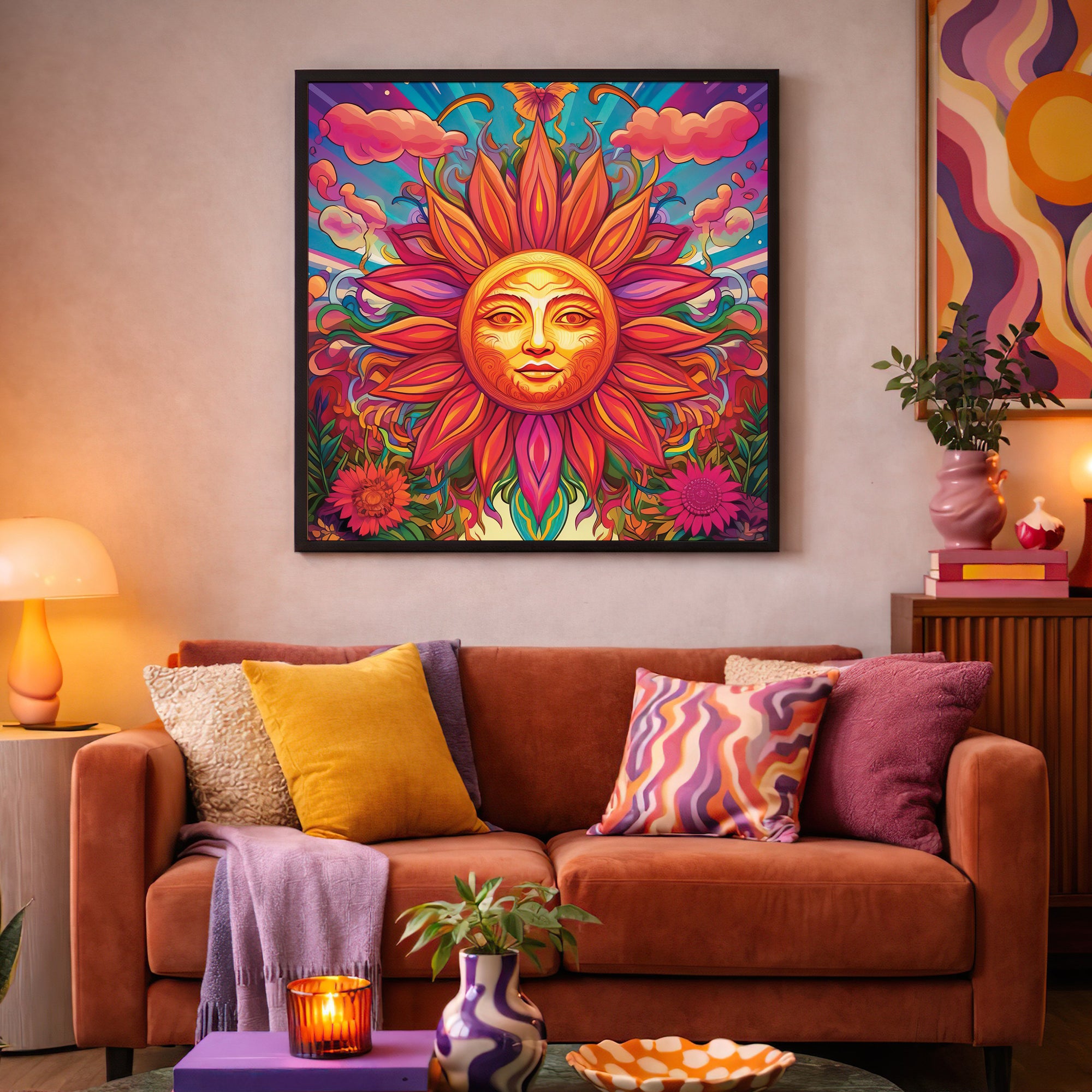 Psychedelic Sun Face Framed Wall Art