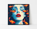 Framed artwork of a face with goldfish on a white wall