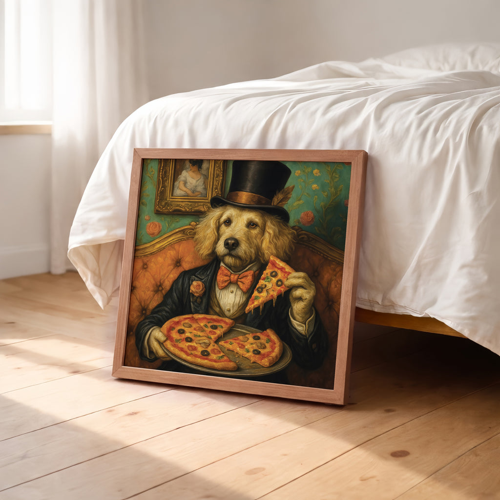 Funny Vintage Dog Eating Pizza Framed Wall Art