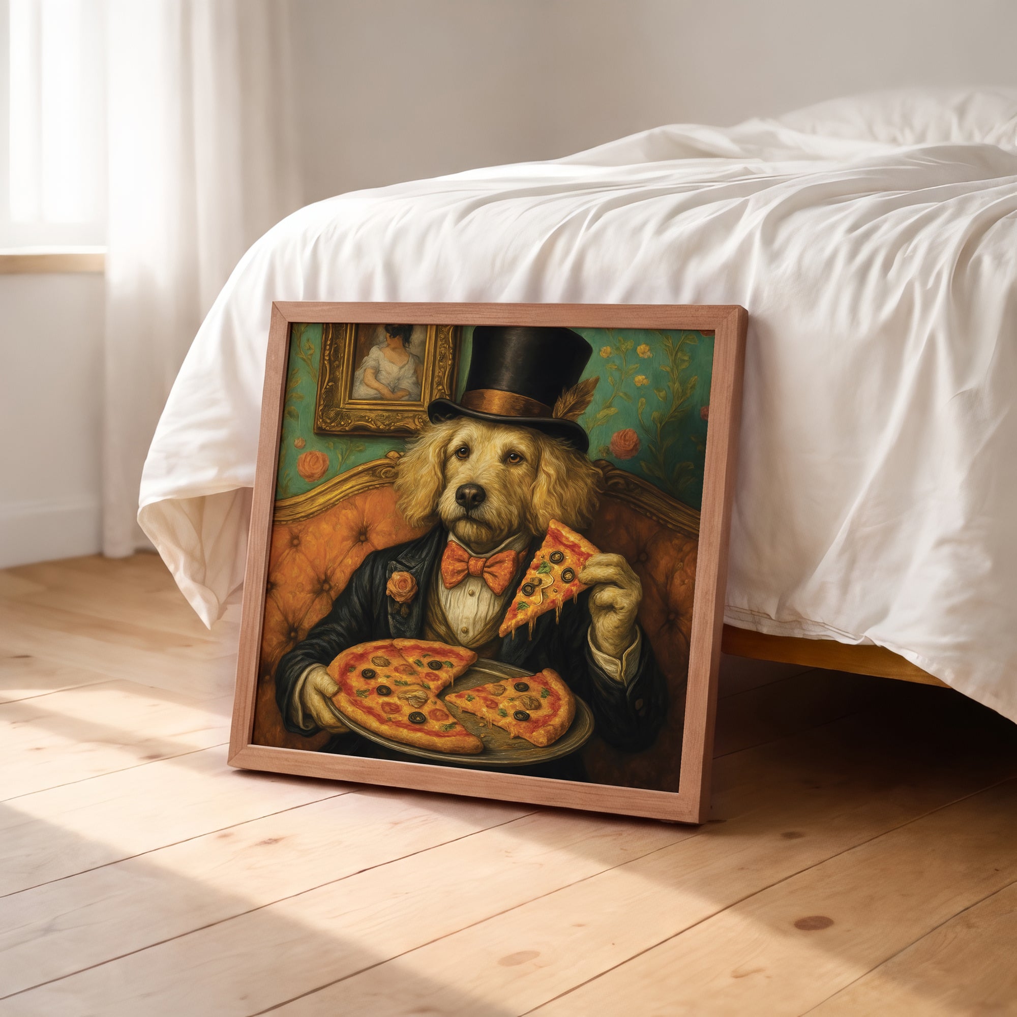 Funny Vintage Dog Eating Pizza Framed Wall Art