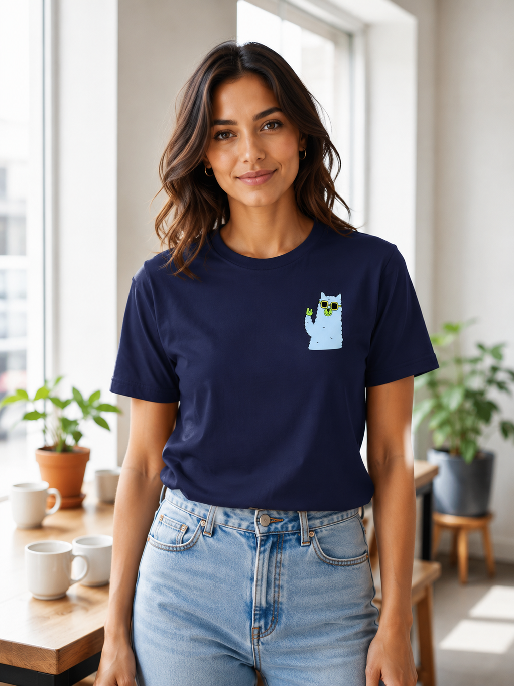 Woman Wearing a Cool Llama T-Shirt in Navy 