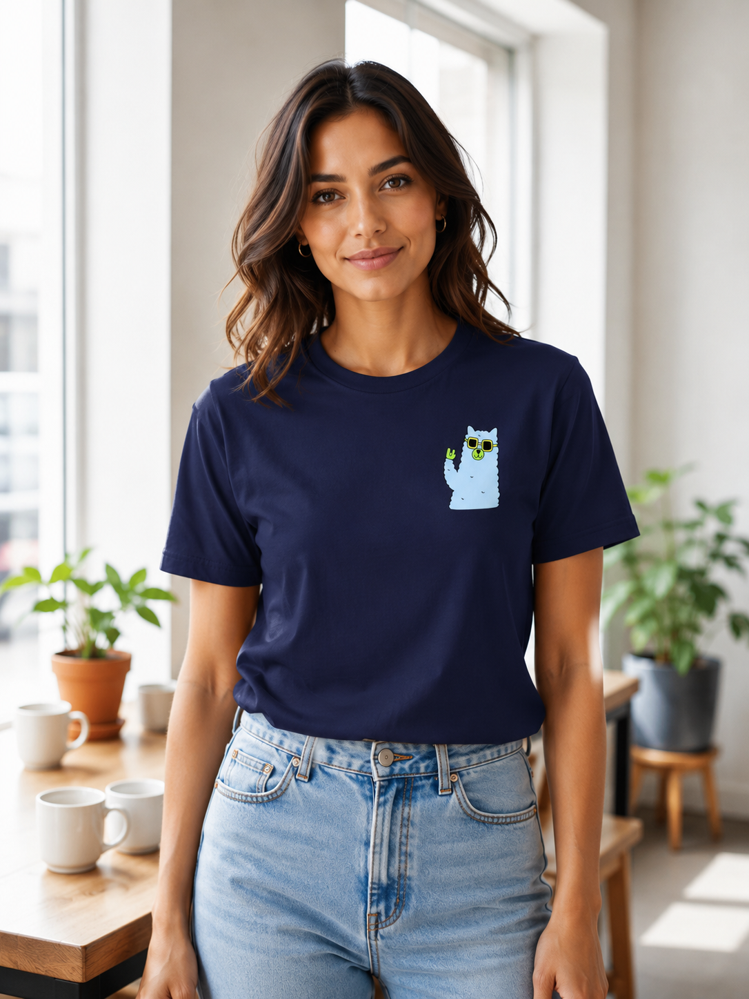 Woman Wearing a Cool Llama T-Shirt in Navy 
