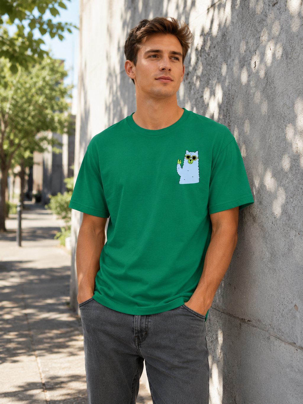 Man Wearing a Cool Llama T-Shirt in Green 