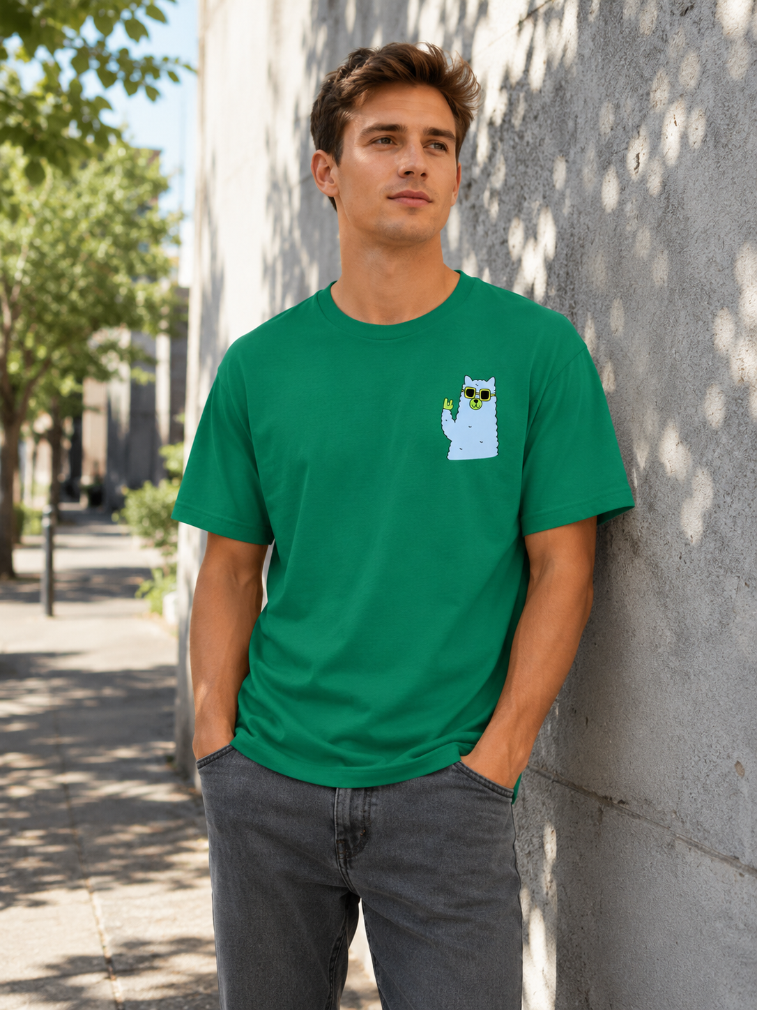 Man Wearing a Cool Llama T-Shirt in Green 
