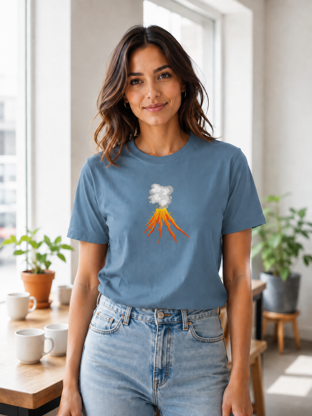 Woman Wearing Erupting Volcano T-Shirt in black