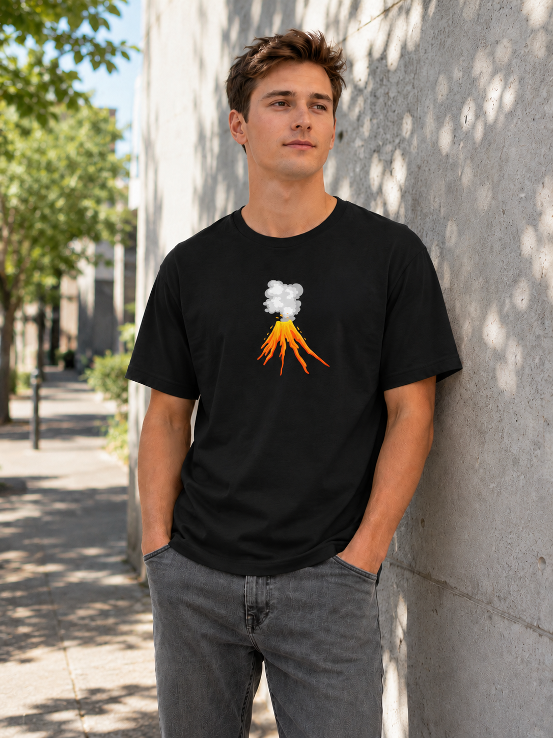 Man Wearing Erupting Volcano T-Shirt in black