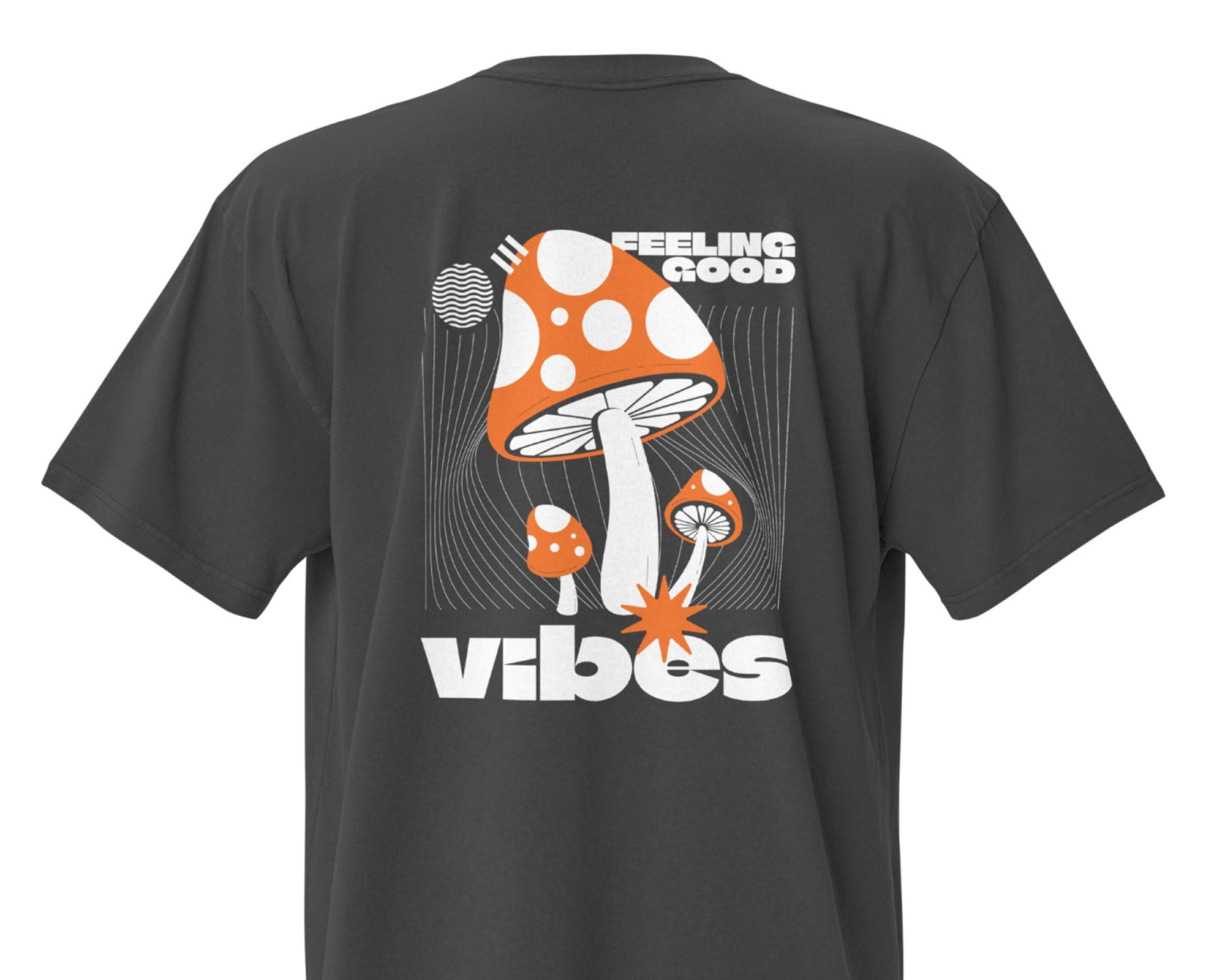 Black t-shirt with mushroom graphic and 'Feeling Good Vibes' text on a white background
