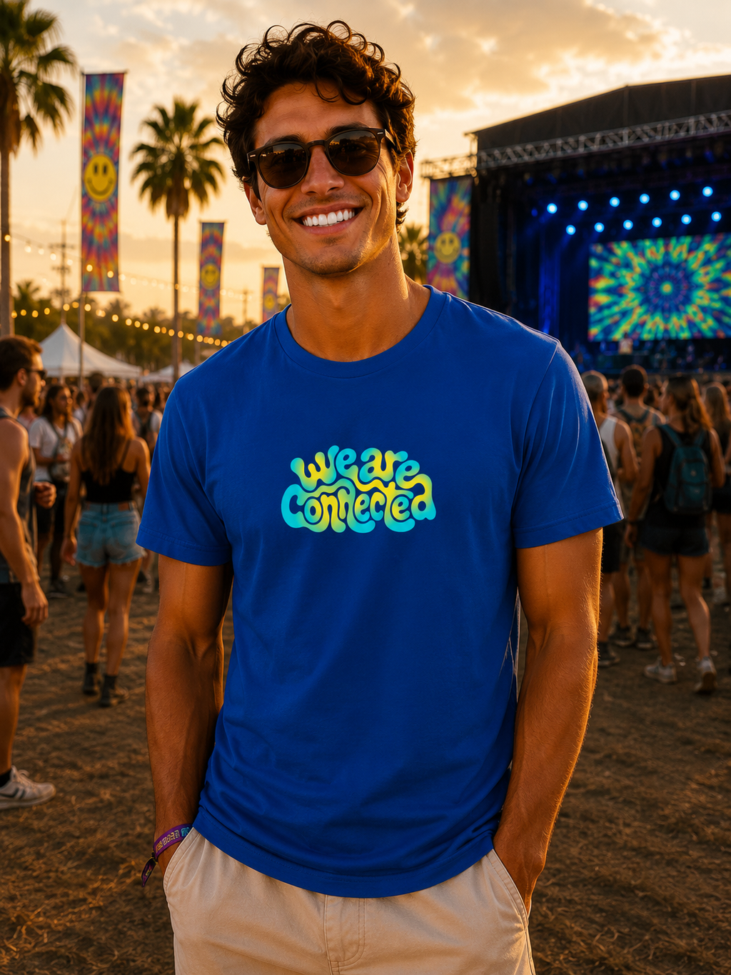 Man at Music Festival Wearing We Are Connected T-Shirt in Blue 
