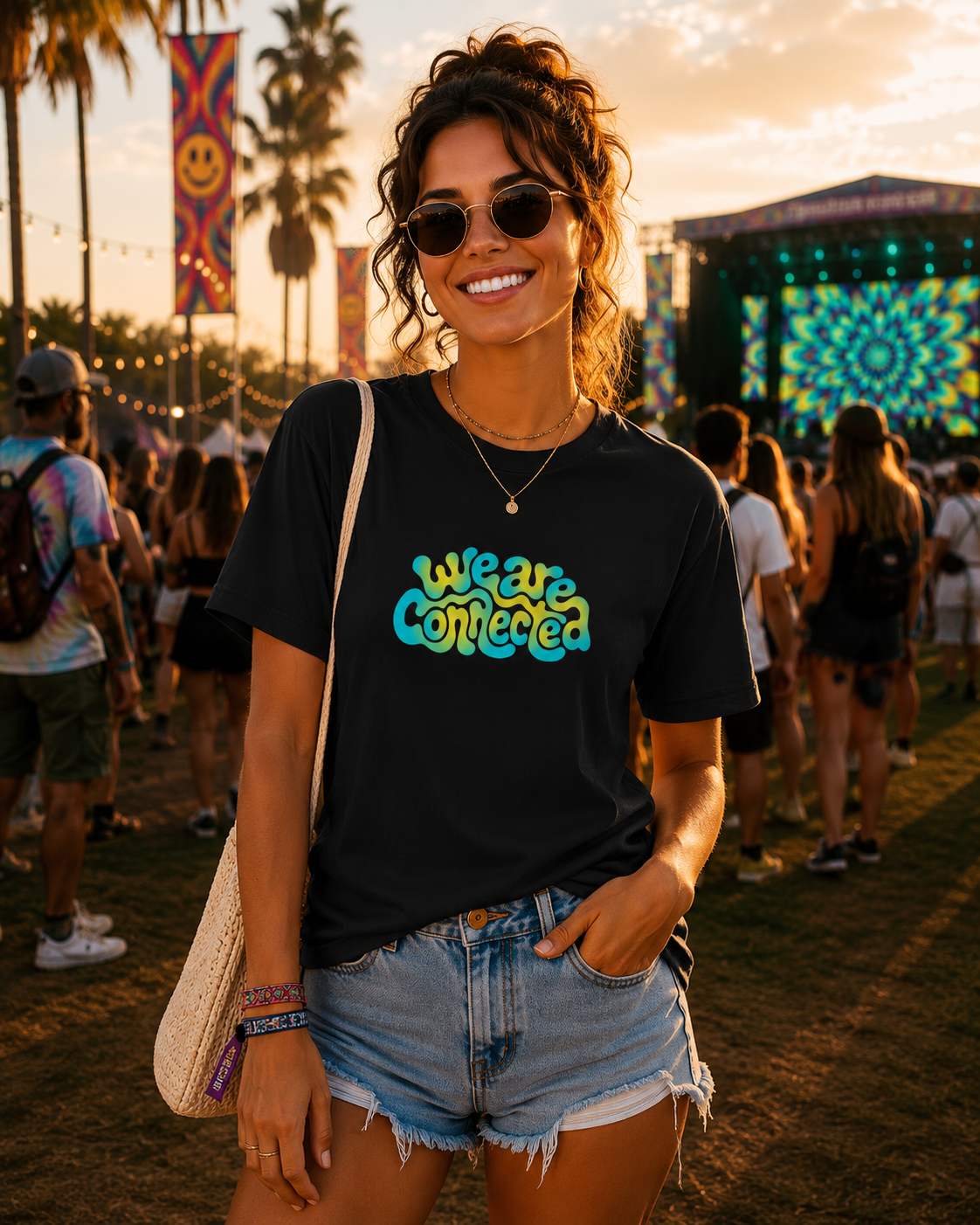 Woman at Music Festival Wearing We Are Connected T-Shirt in black 