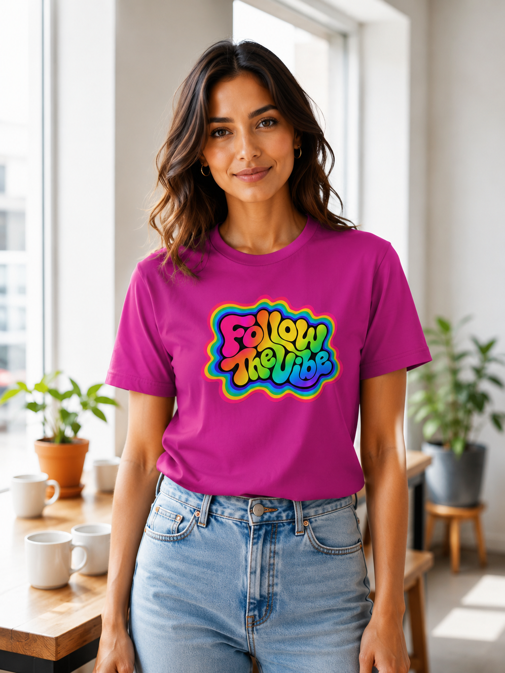Woman Wearing festival Follow The Vibe Rainbow T-Shirt in pink