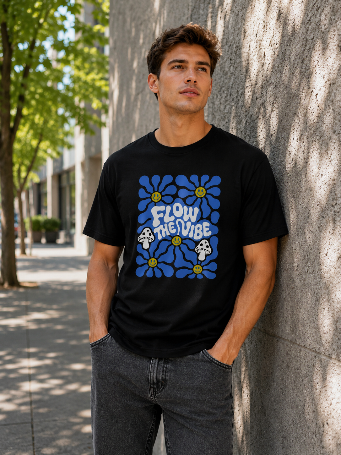 Man Wearing Follow The Vibe Retro Bloom T-Shirt Festival Tshirt