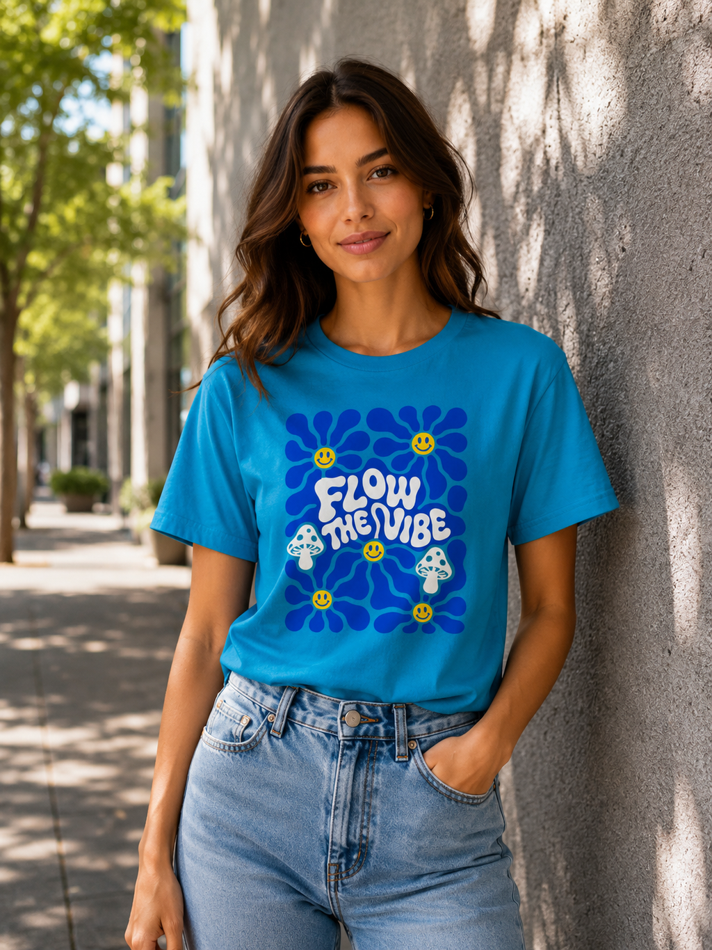 Woman Wearing Follow The Vibe Retro Bloom T-Shirt Festival Tshirt