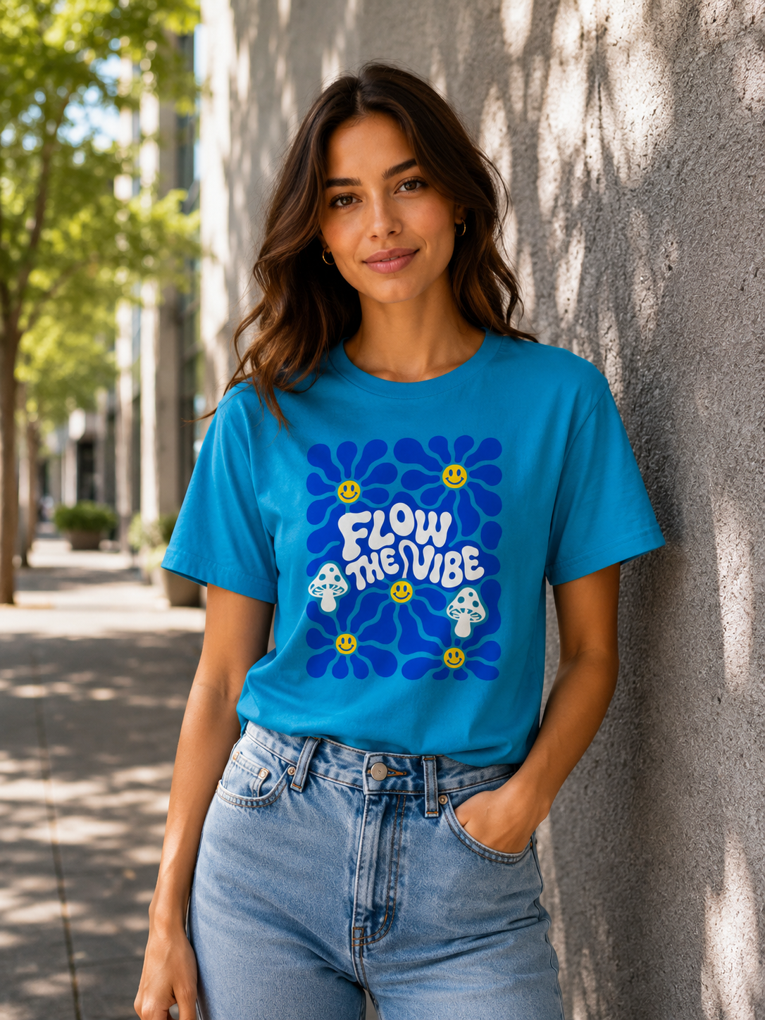 Woman Wearing Follow The Vibe Retro Bloom T-Shirt Festival Tshirt