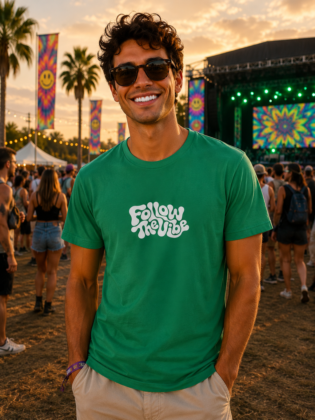 Man Wearing a Trippy Follow The Vibe T-Shirt in Green