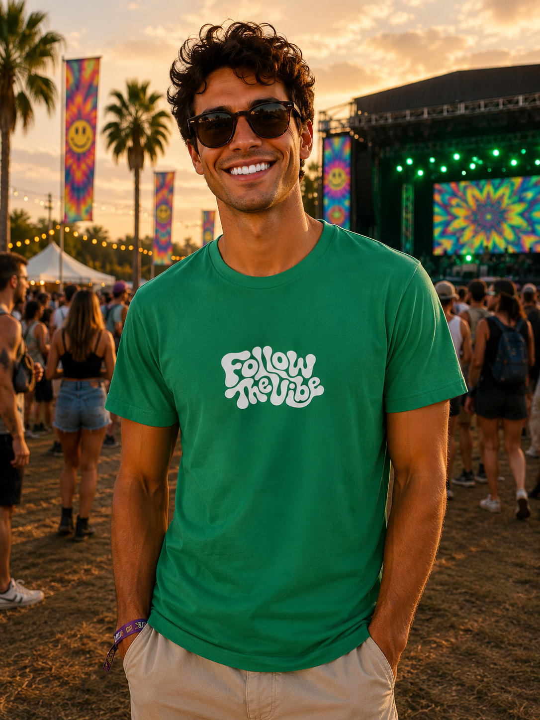 Man Wearing a Trippy Follow The Vibe T-Shirt in Green