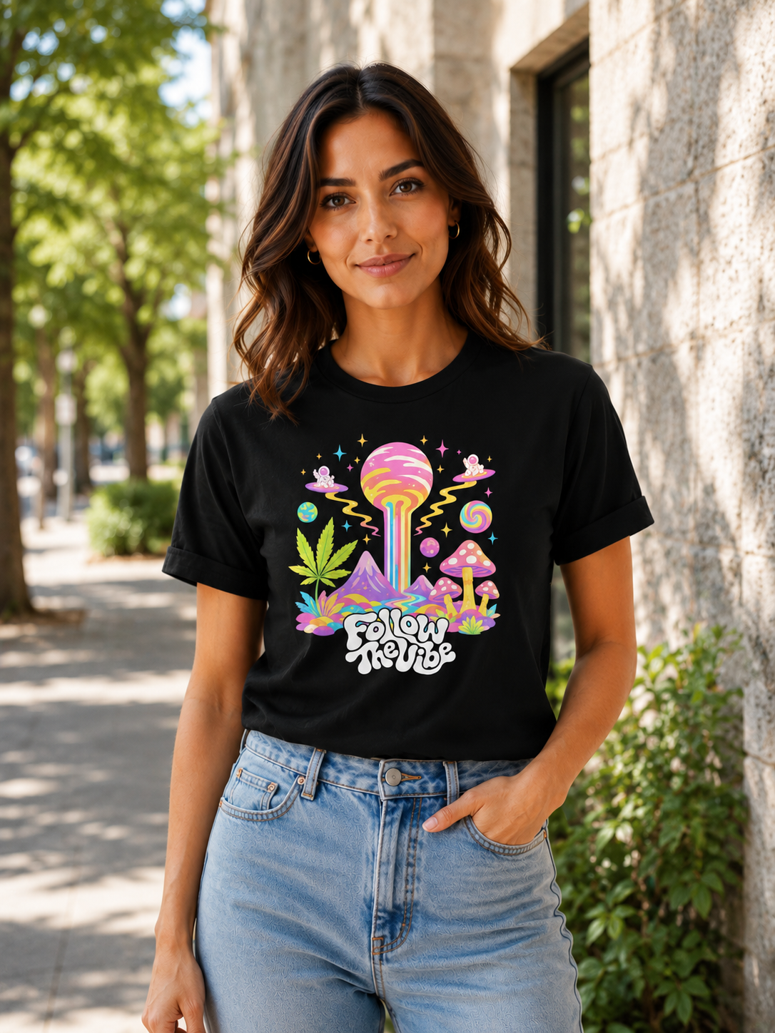 Woman Wearing a Follow The Vibe Psychedelic T-Shirt in black