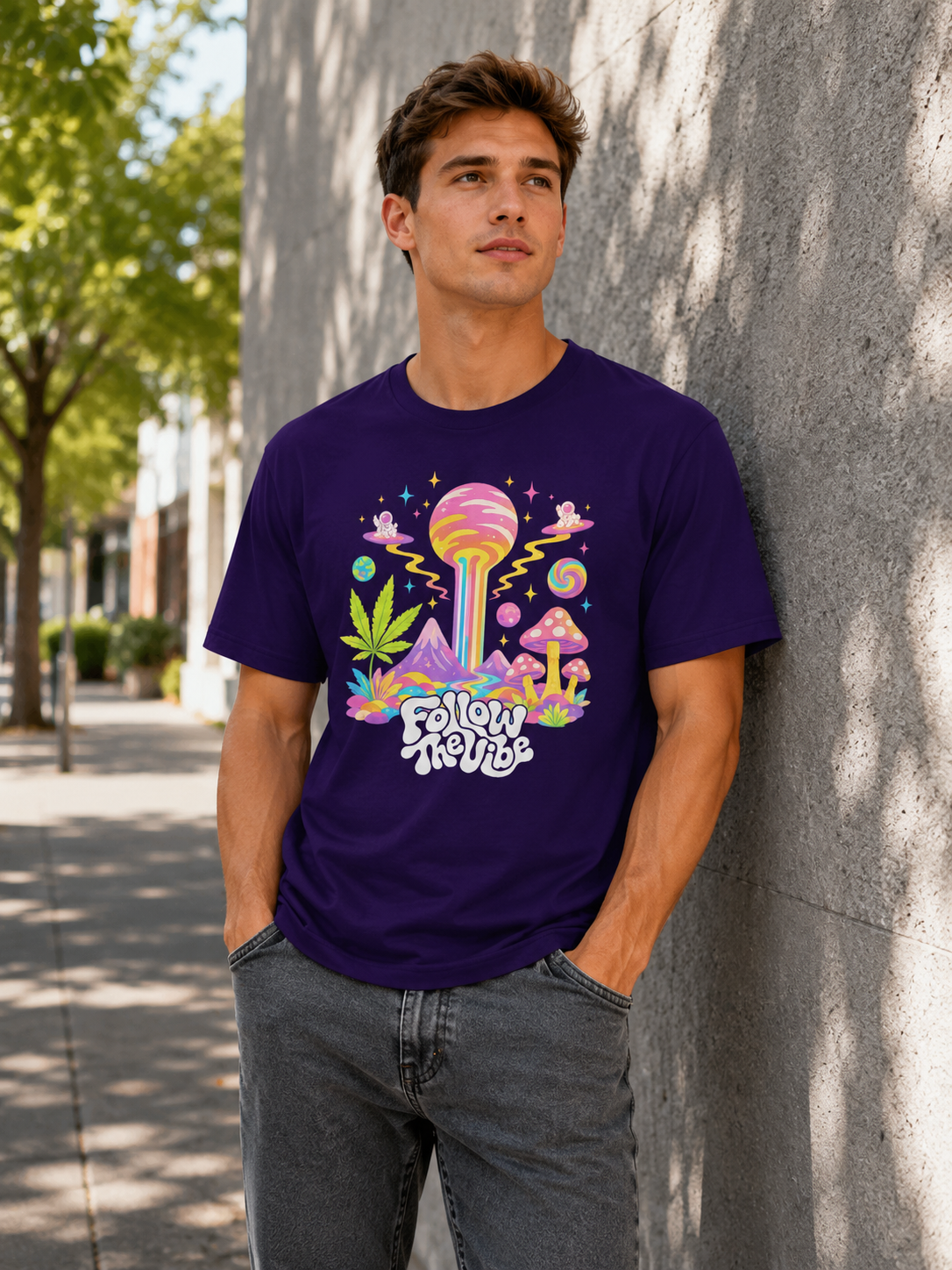 Man Wearing a Follow The Vibe Psychedelic T-Shirt in purple