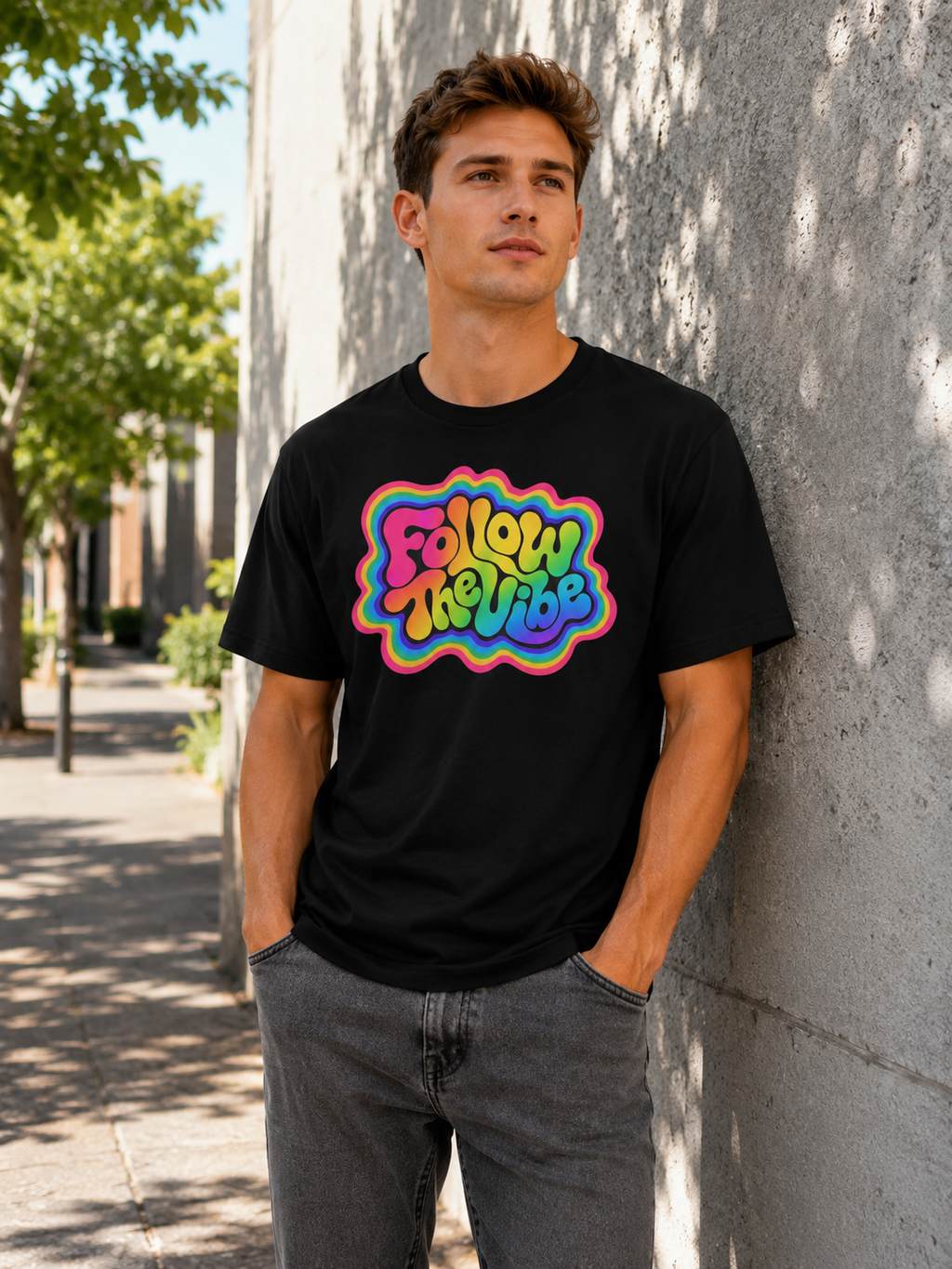 Man wearing festival Follow The Vibe Rainbow T-Shirt in black