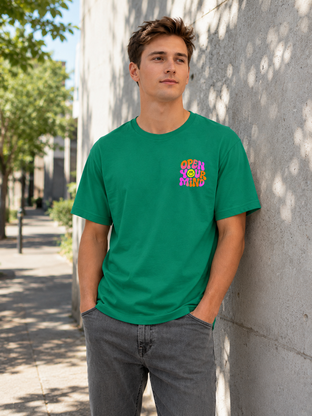 Man WearingOpen Your Mind T-Shirt in Green