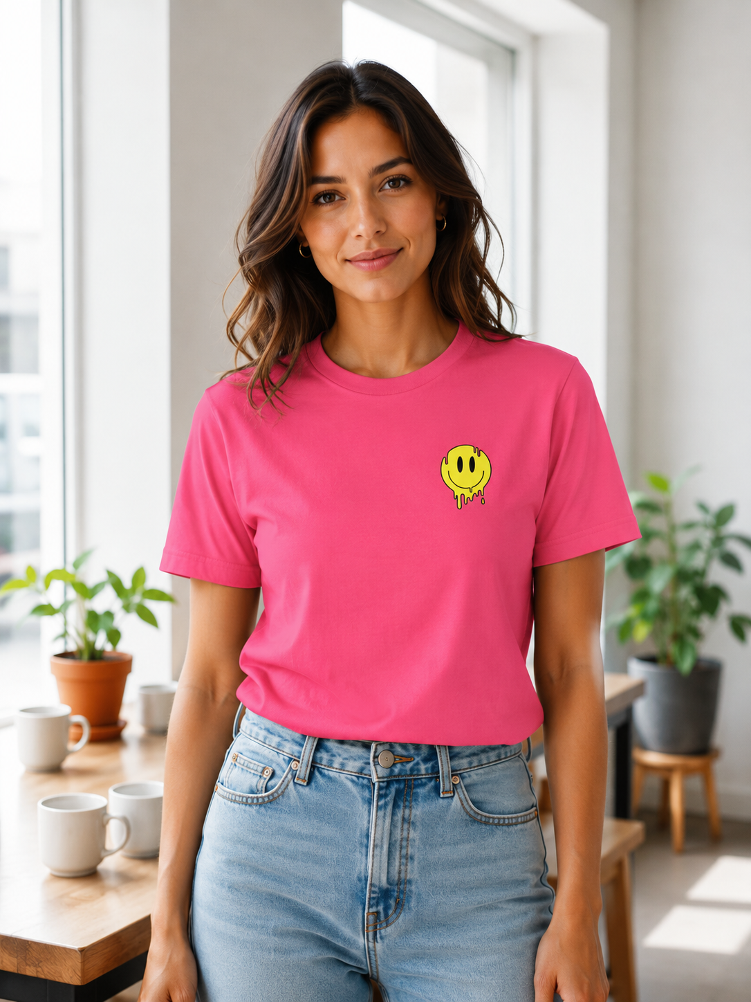 Woman Wearing Festival Melting Smiley T-Shirt in Pink