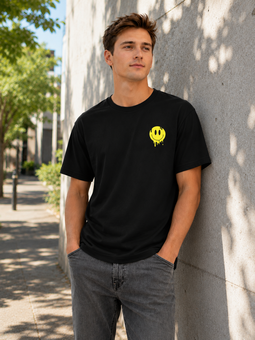 Man wearing festival Melting Smiley T-Shirt in black