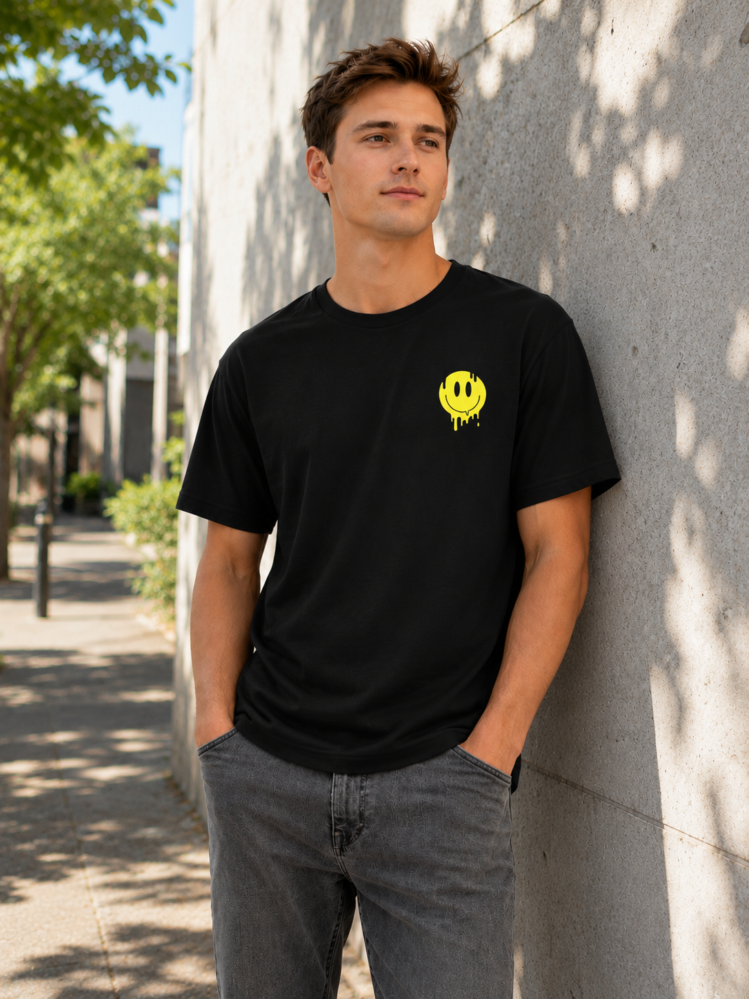 Man wearing festival Melting Smiley T-Shirt in black