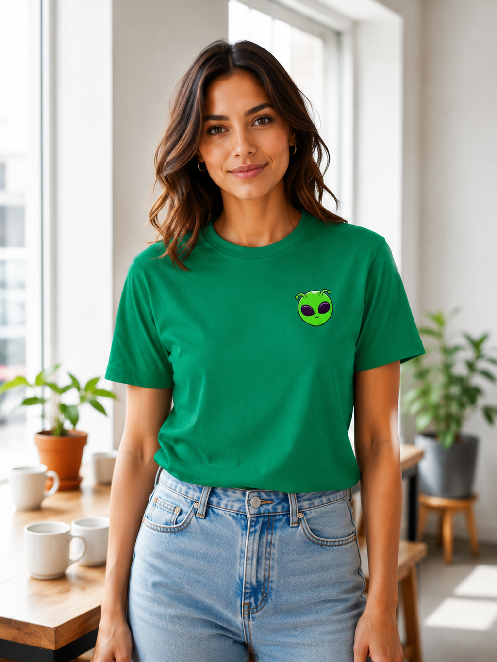Woman Wearing a Music Festival Cosmic Alien T-Shirt in Green