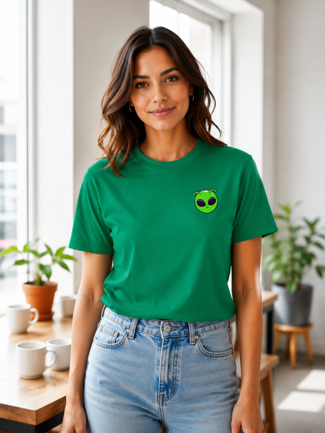 Woman Wearing a Music Festival Cosmic Alien T-Shirt in Green