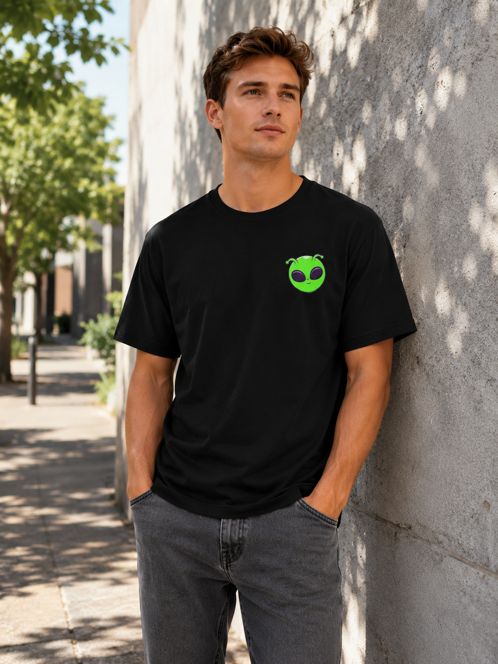 Man Wearing a Music Festival Cosmic Alien T-Shirt in Green
