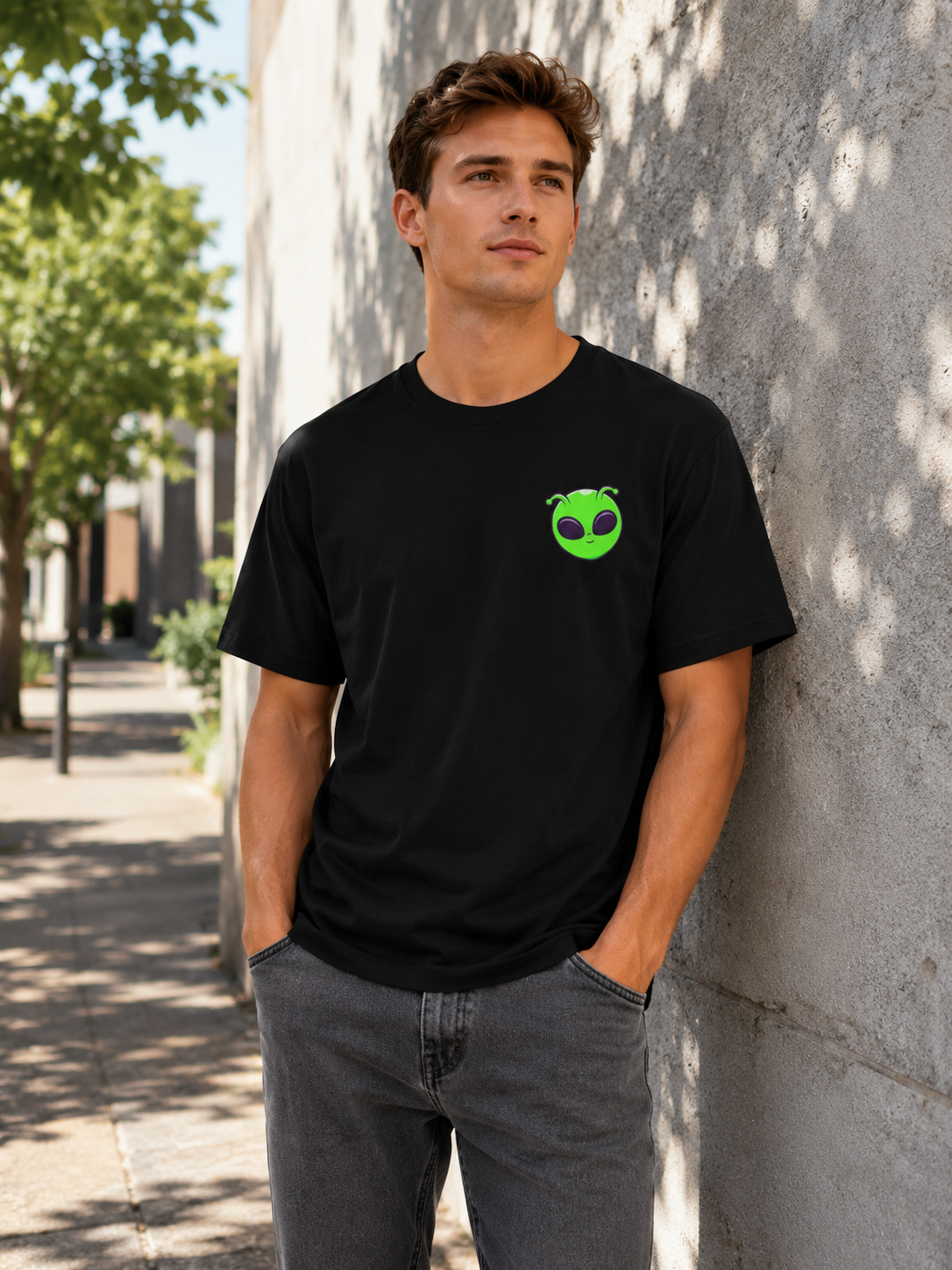Man Wearing a Music Festival Cosmic Alien T-Shirt in Green