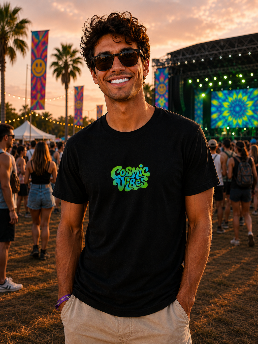 Man at a Music Festival Cosmic Vibes T-Shirt in Black