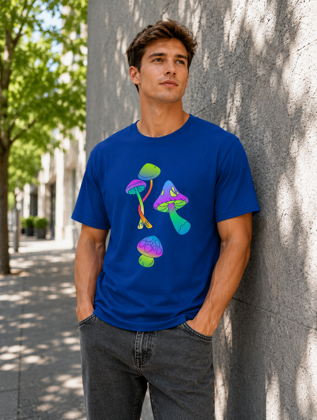 Man Wearing Neon Mushrooms T-Shirt in Blue 