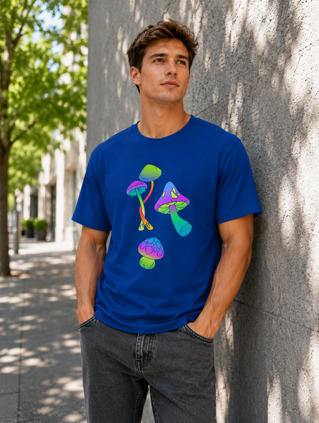 Man Wearing Neon Mushrooms T-Shirt in Blue 