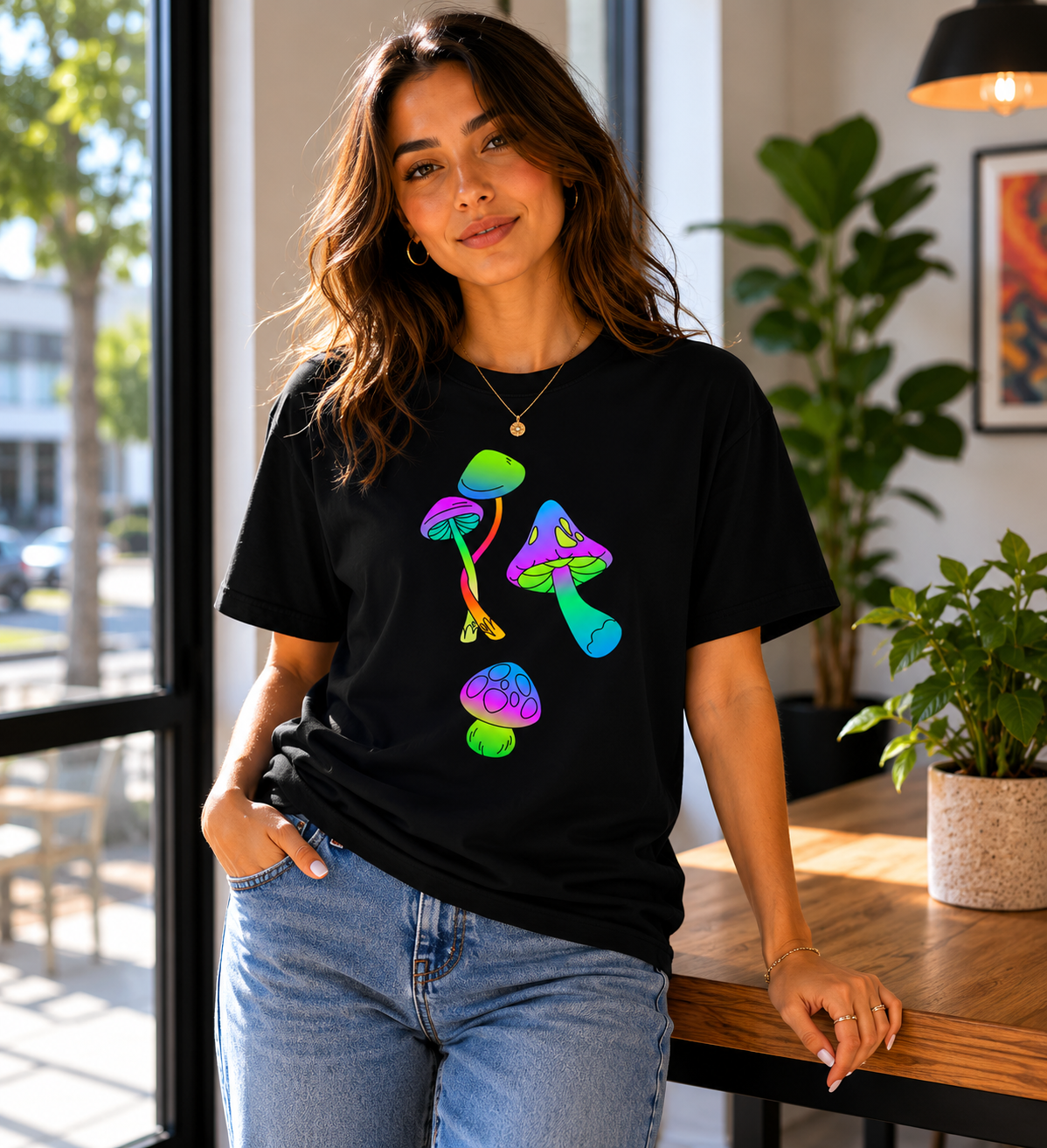 Woman Wearing Neon Mushrooms T-Shirt in black 