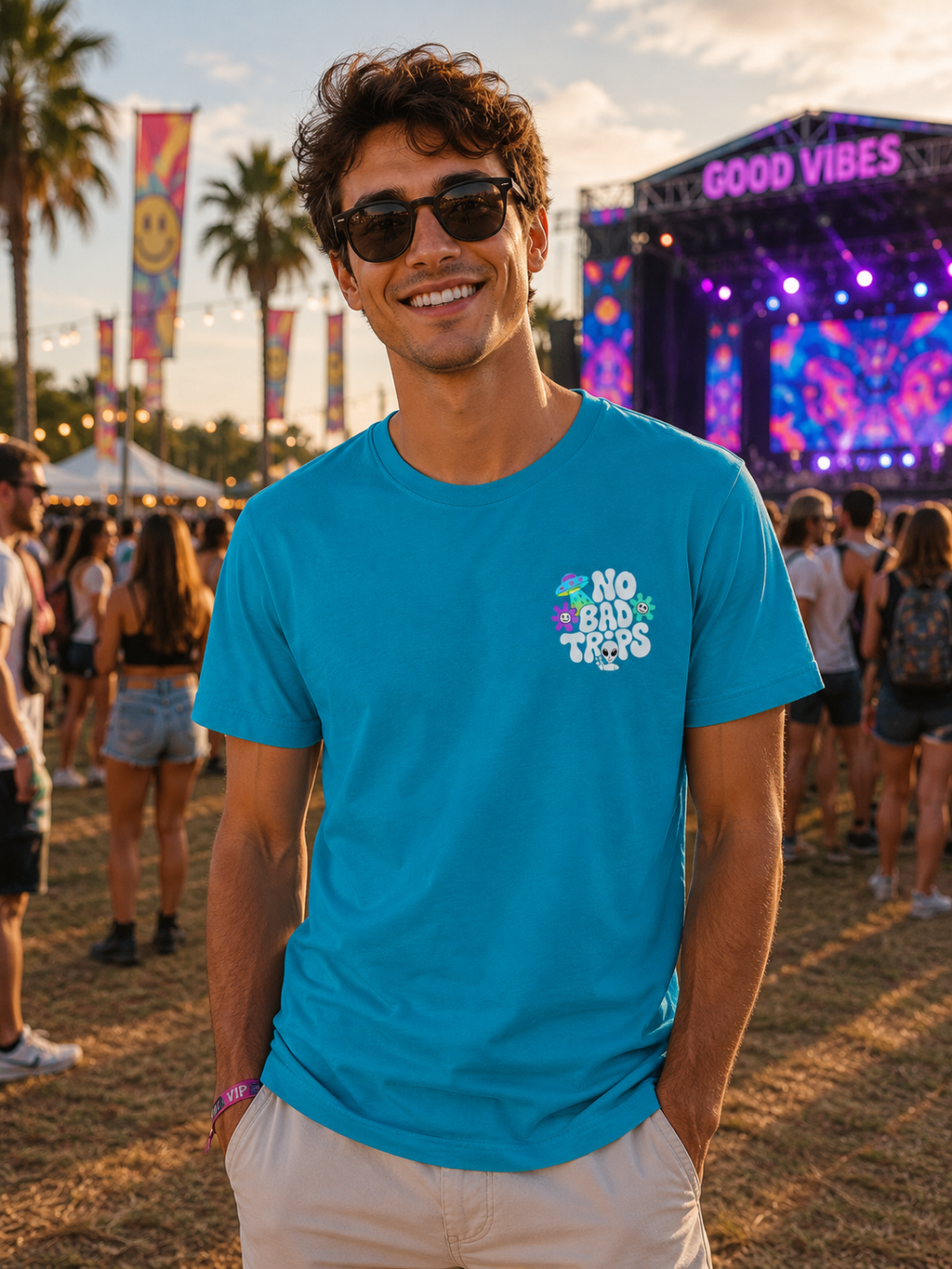 Man Wearing Trippy Festival No Bad Trips T-Shirt