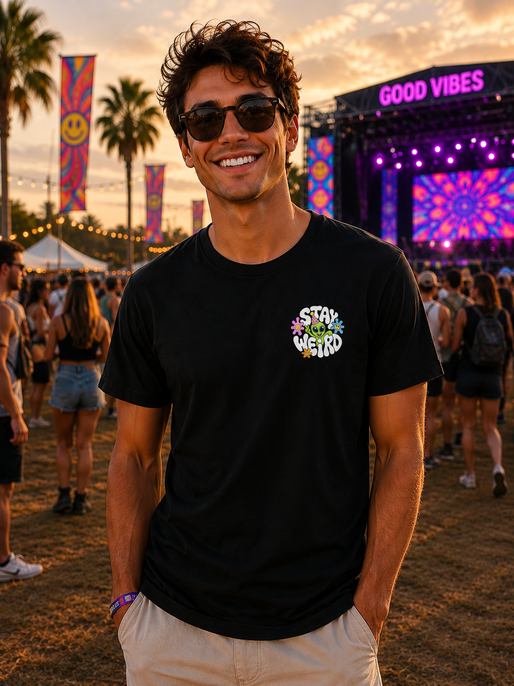 Man Wearing a Festival Stay Weird T-Shirt in black