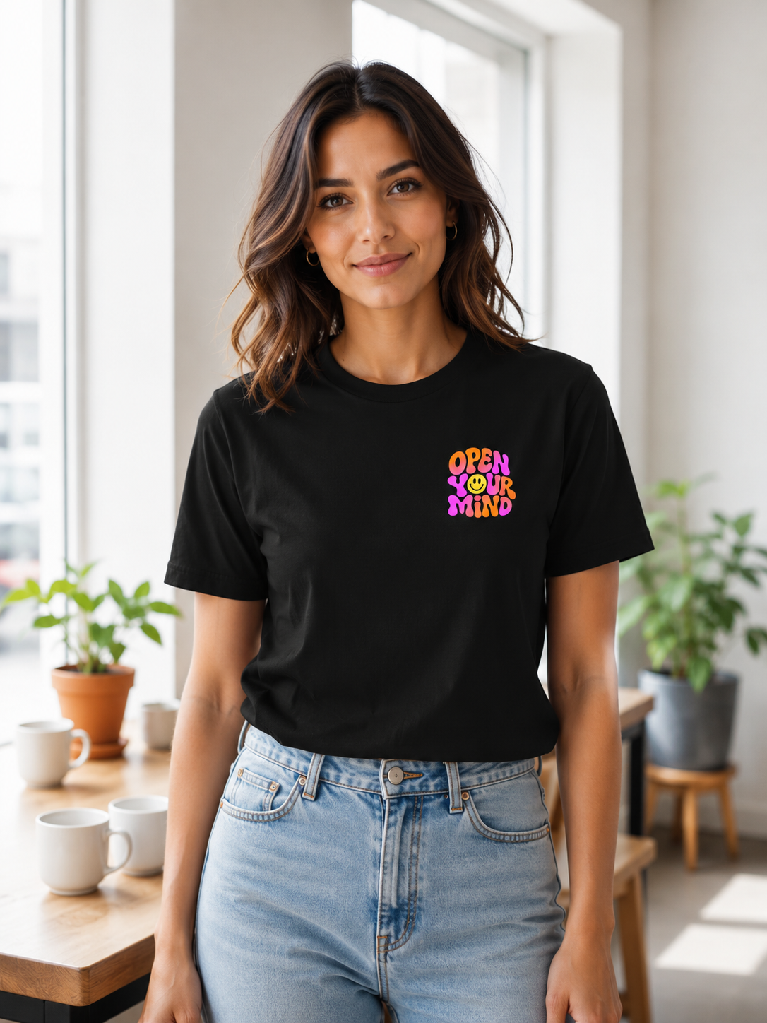 Woman Wearing Open Your Mind T-Shirt in Black