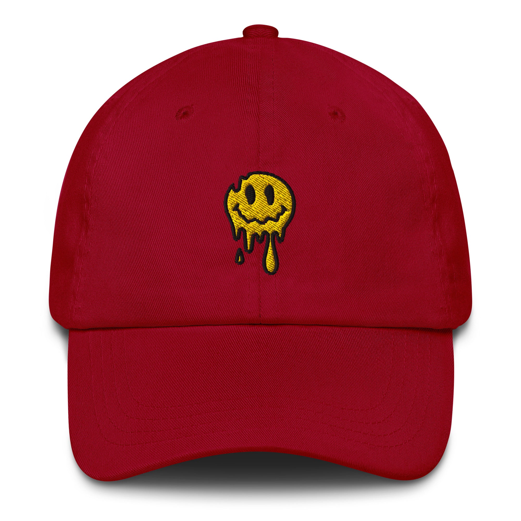 Psychedelic embroidered Melting Smiley Hat in red