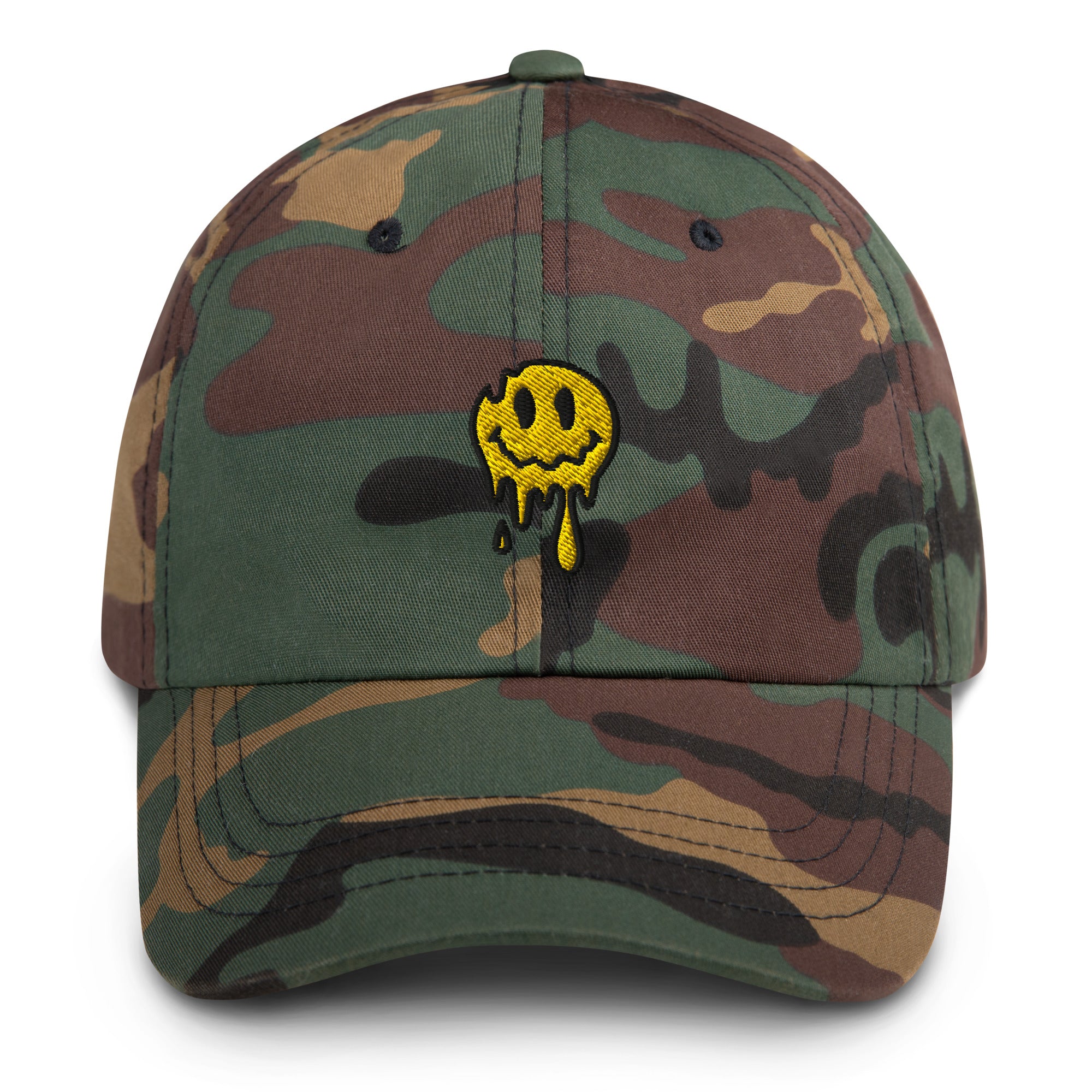 Psychedelic embroidered Melting Smiley Hat in green camo
