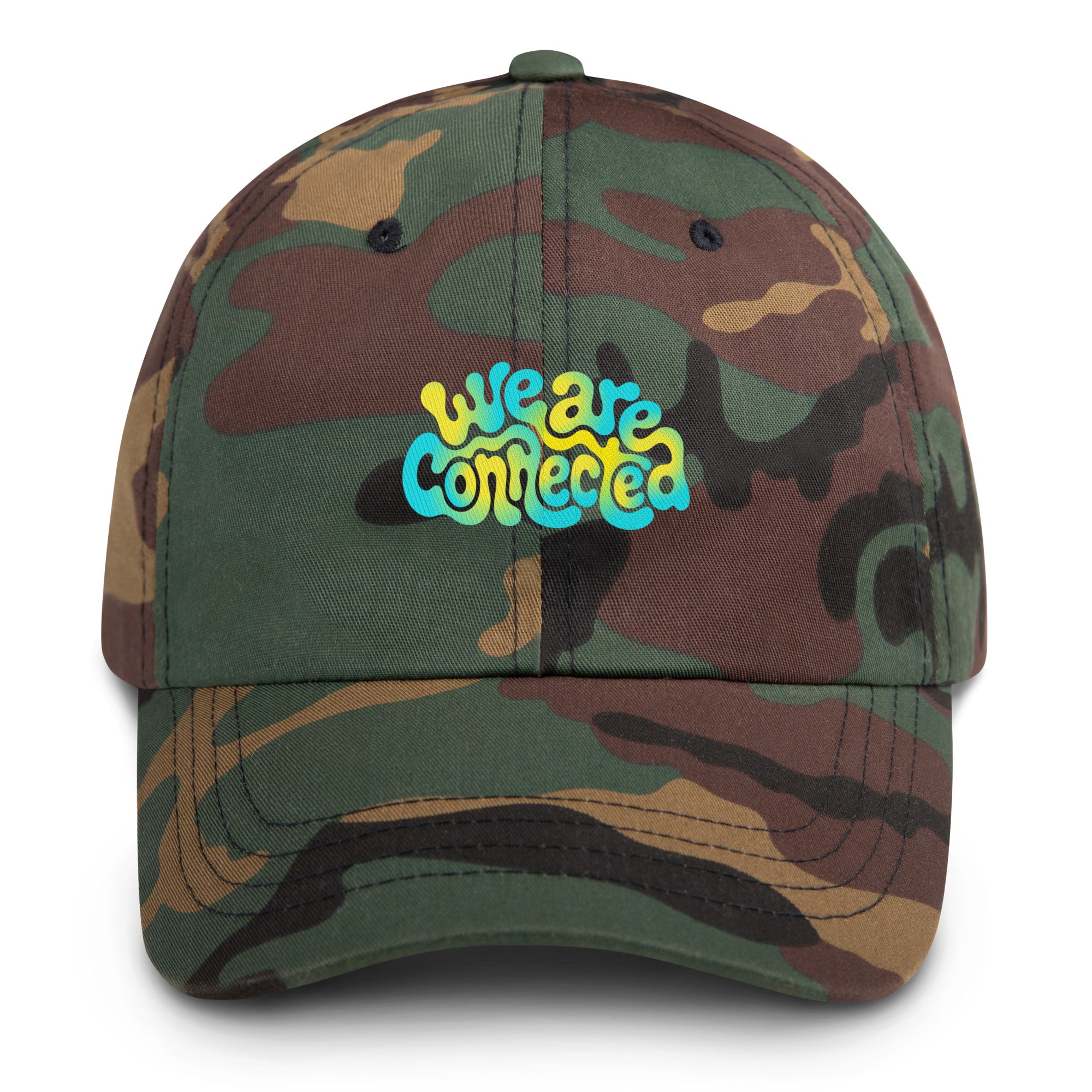 We Are Connected neon festival hat in green camo